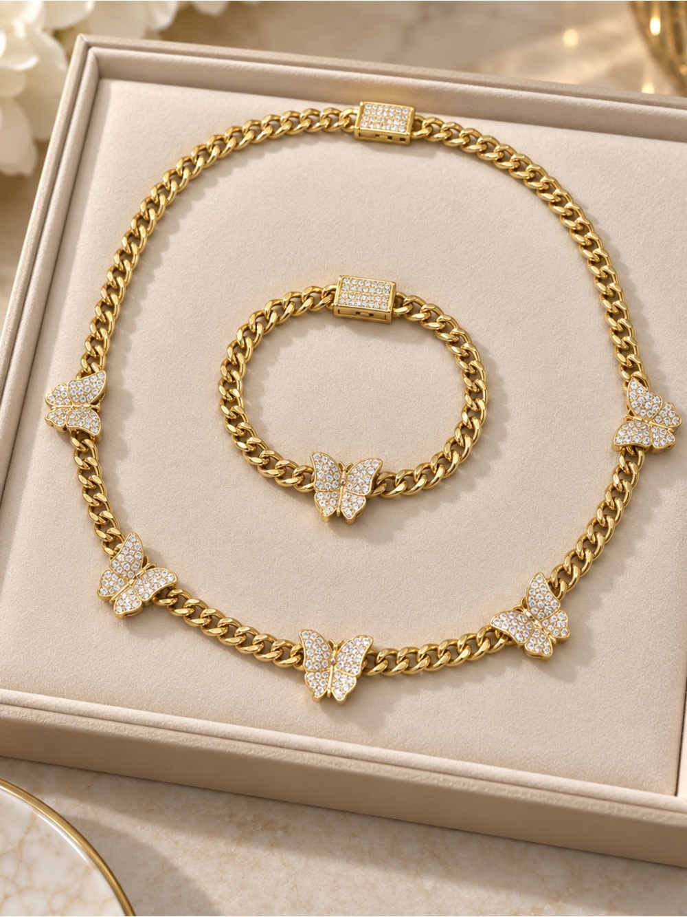 14K Gold plated Butterfly Cubic Zirconia Necklace and Bracelet Set